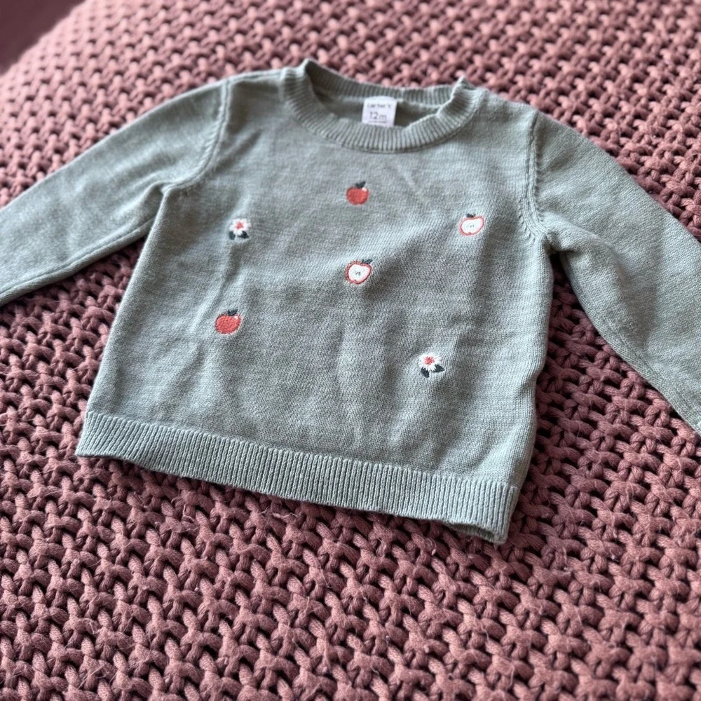 Carter’s Baby Sweater 12M Apple Embroidered Green Knit Pullover Fall Winter